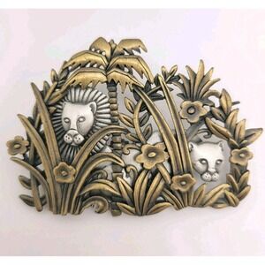 VTG JJ Jonette Signed Jungle Lion & Lioness Brooch‎ Pin 1980s Two Tone USA Made